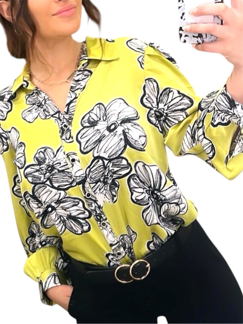 Sara Michelle Lime Green Floral Button-Down Blouse